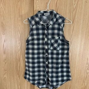 Passport Sleeveless Plaid Button Down Blue and White Soft Brushed Shirt